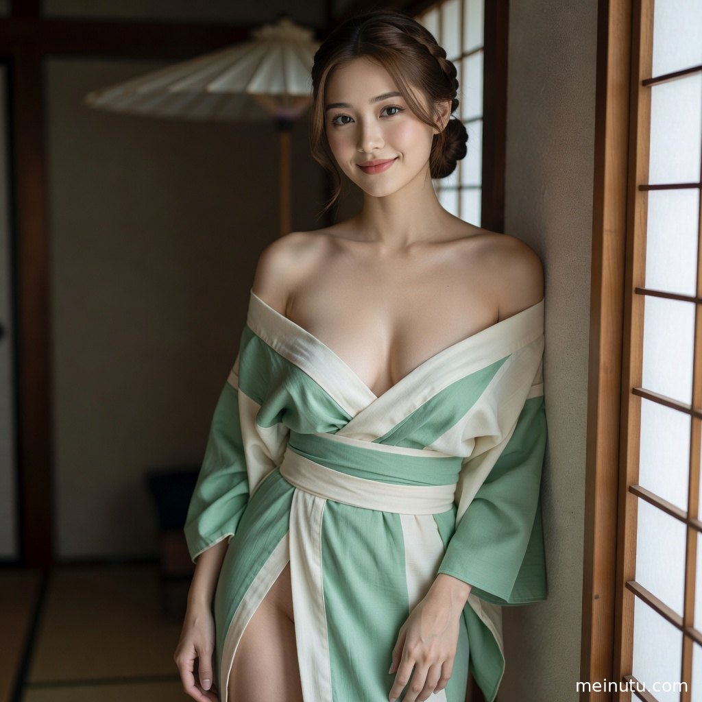 日系和风室内场景中的成年女性头像写真，和服纹理清晰细腻。