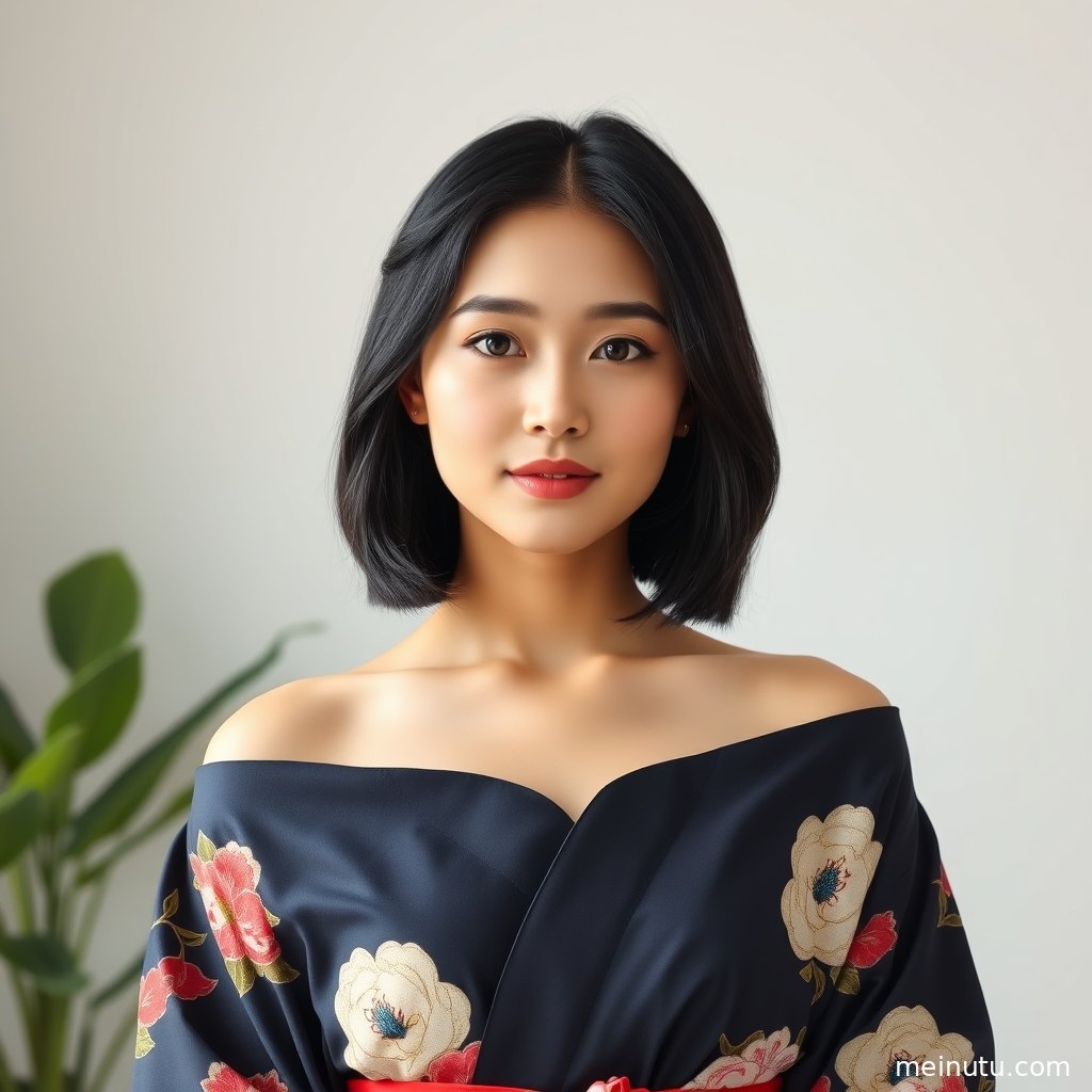年轻成年女性穿浅色和服站在阴天街角，柔和漫射光呈现安静的和风美女写真氛围。