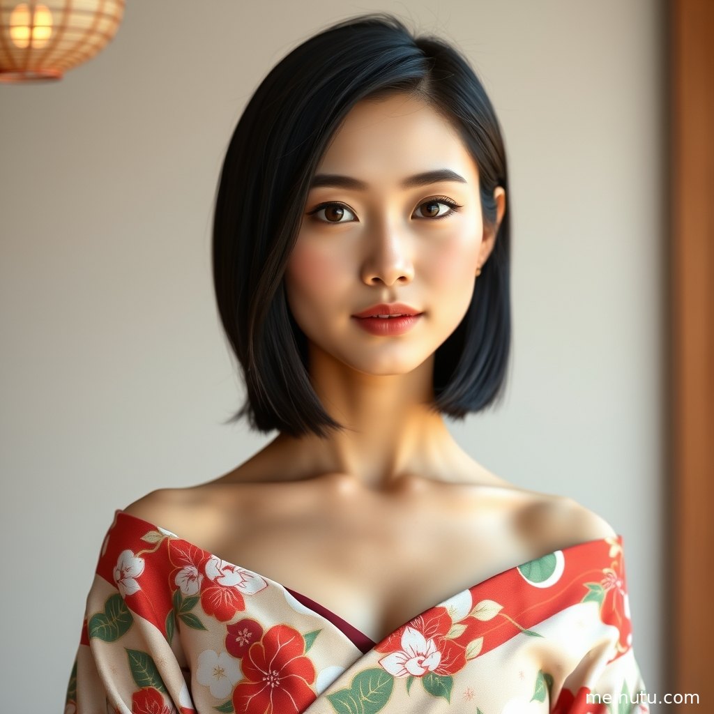 和服美女街拍近景展示腰封与袖口纹理，背景是木质店面和湿润石板路。