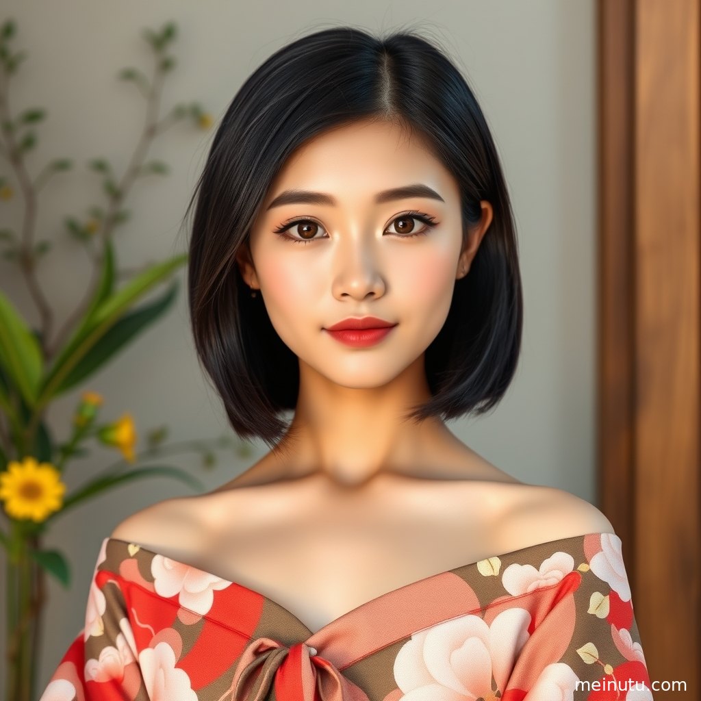 年轻成年女性手扶和服衣襟回望镜头，阴天自然光让面部轮廓柔和细腻。