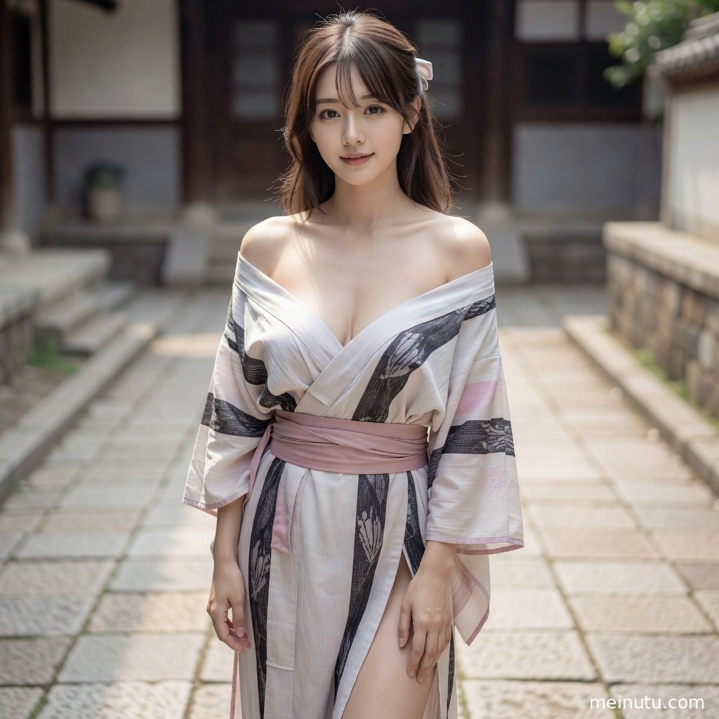 和服模特站在日式庭院木廊旁，背景有石灯笼与修竹。