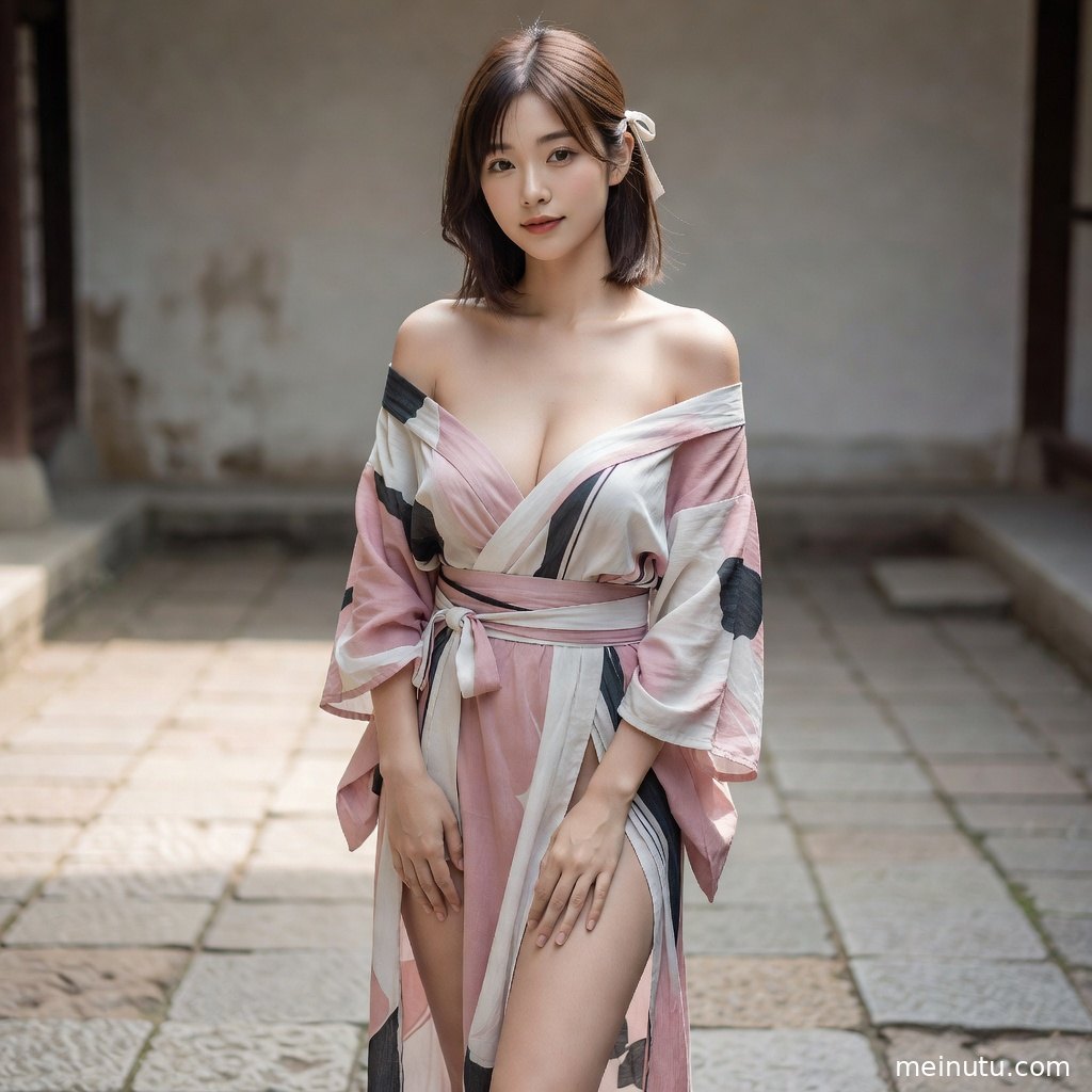 和服人物倚靠木门回望，柔和光线营造日系和风氛围。