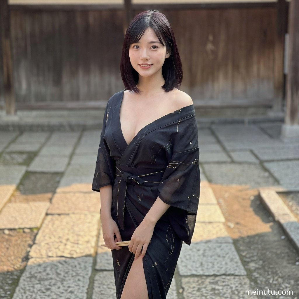 亚洲女性身穿浅色和服站在日式庭院石径旁，画面清雅柔和。