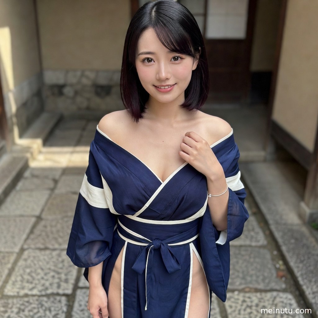 和服模特倚靠木质廊柱，庭院绿植与自然光营造日系和风氛围。