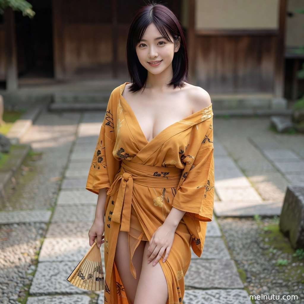 和服美女在传统庭院门前回眸，服饰纹理与背景层次清晰。