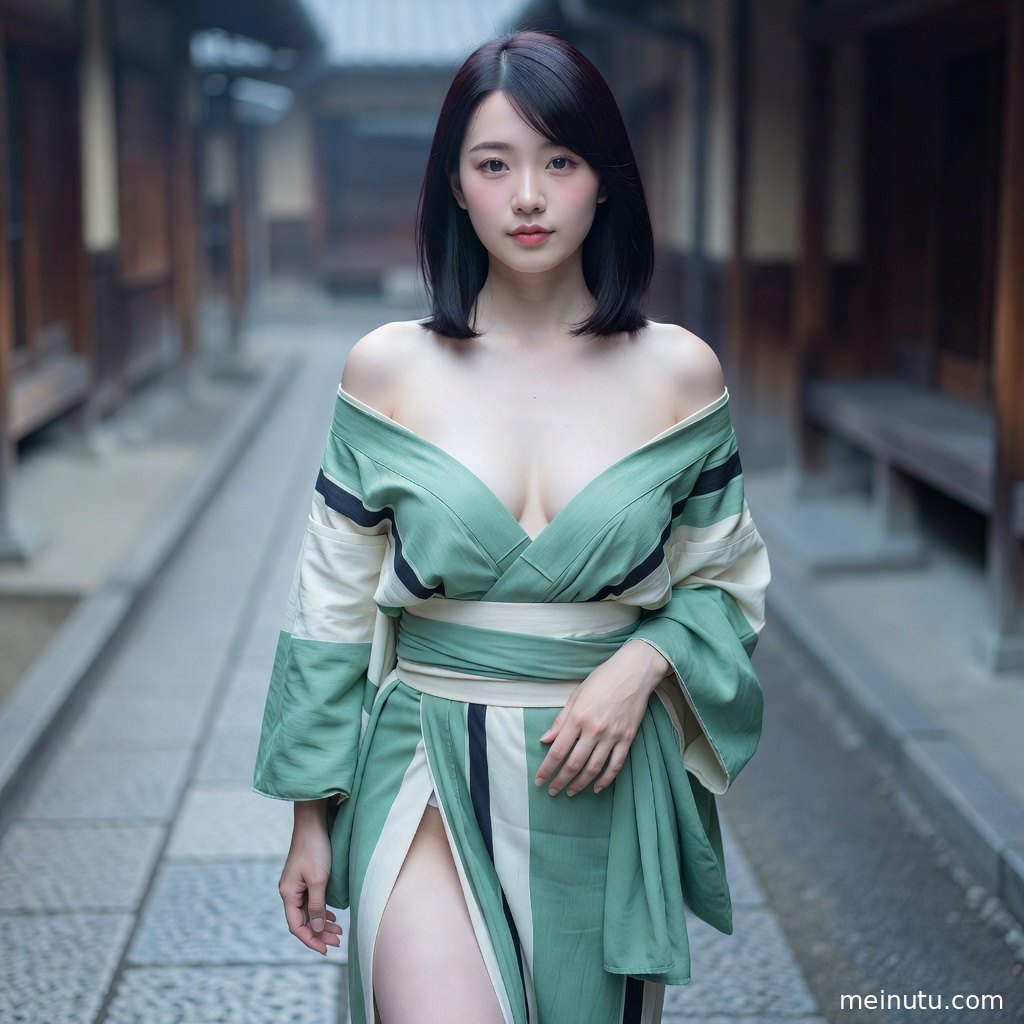 日式庭院中的和服写真特写，柔和光影突出温柔端庄气质。