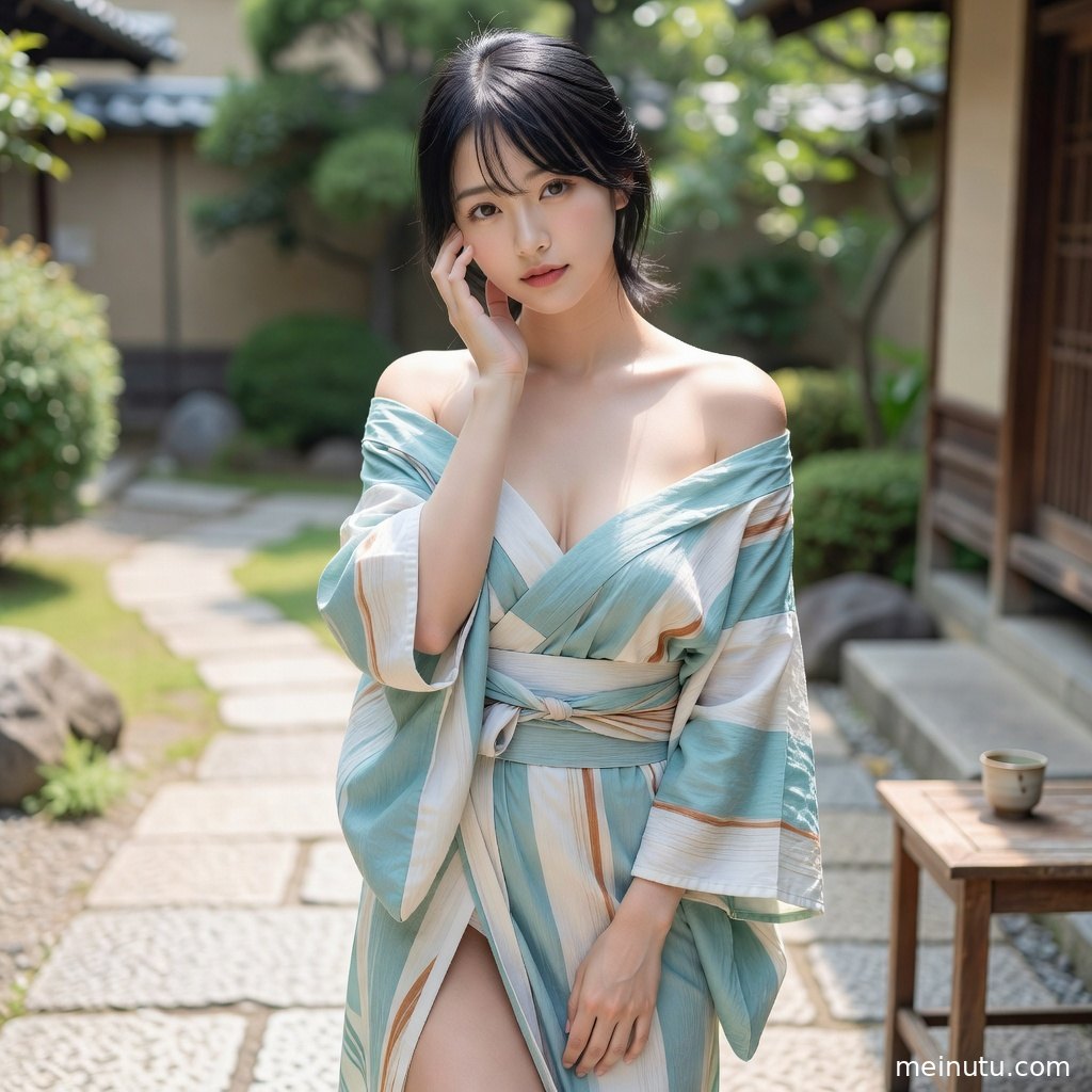和服庭院写真近景构图突出精致发饰、布料纹样与柔和自然光。