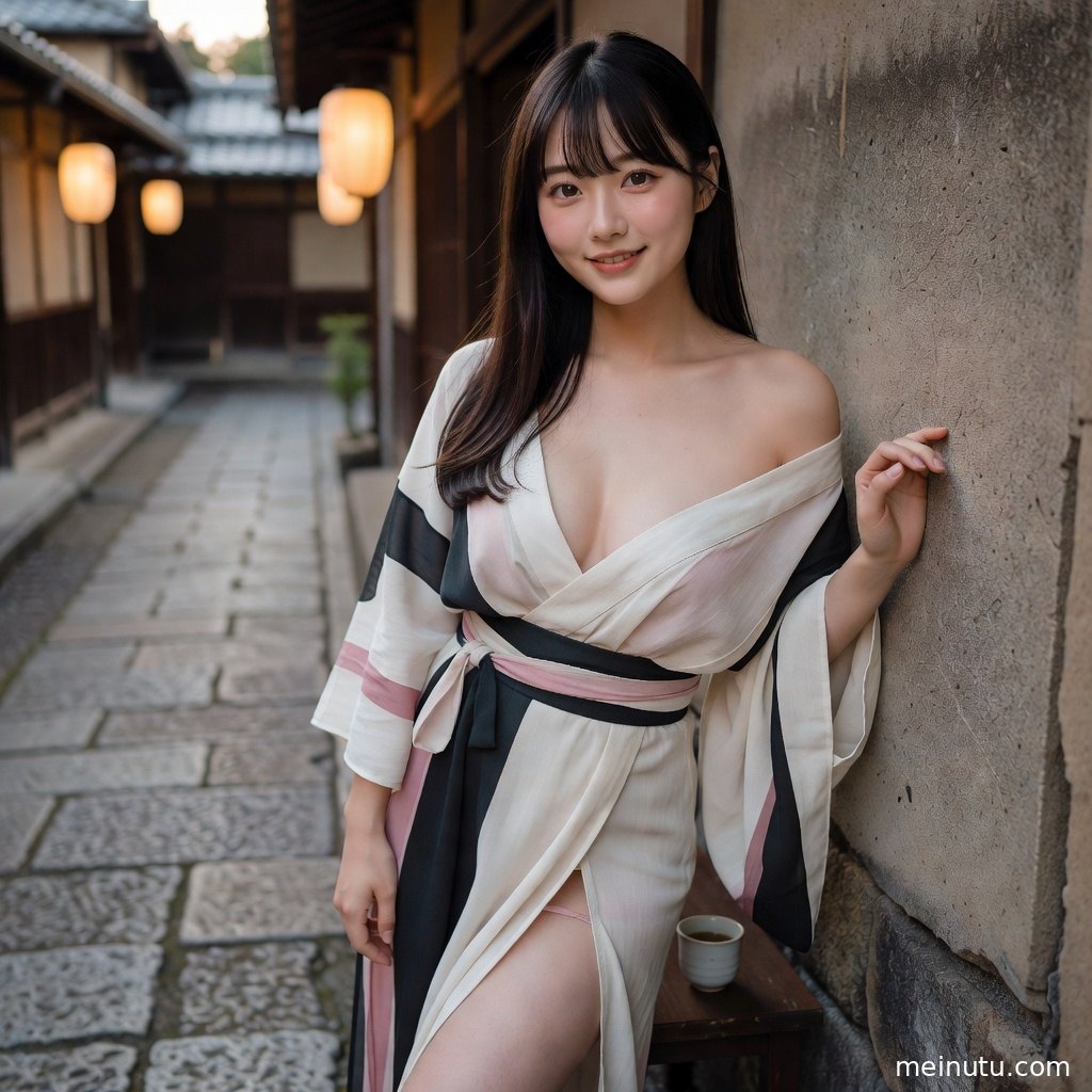 和服女性手持纸伞漫步庭院小径，画面呈现柔和日系和风氛围。