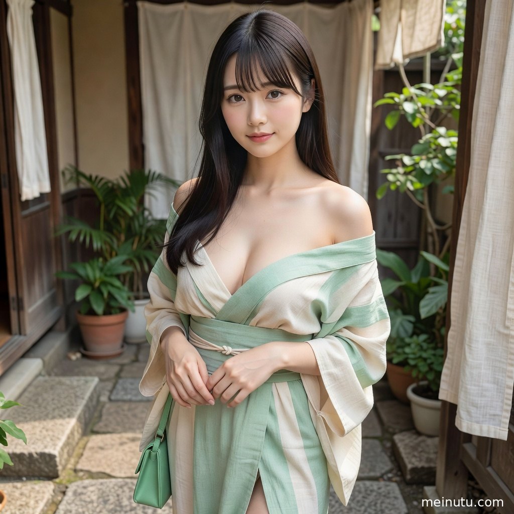 女性穿着纹样和服倚靠木质廊柱，庭院景致清雅细腻。