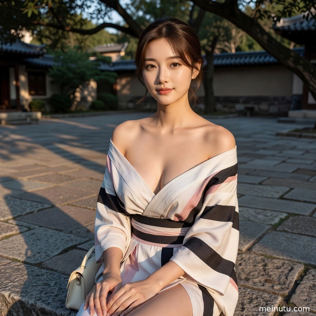 和服模特坐在石灯笼与绿植之间，画面呈现温柔庭院人像