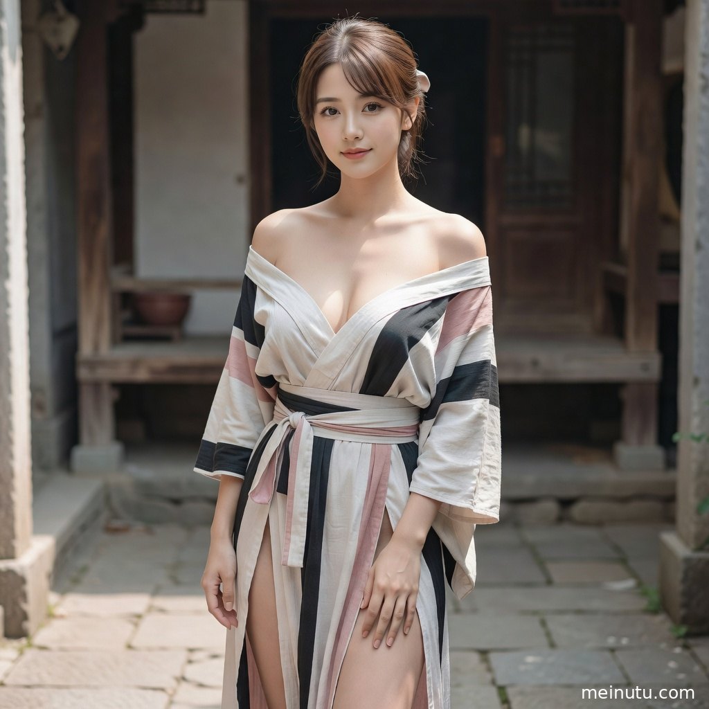 和服女性手持纸伞漫步庭院小径，适合作为和风人像壁纸