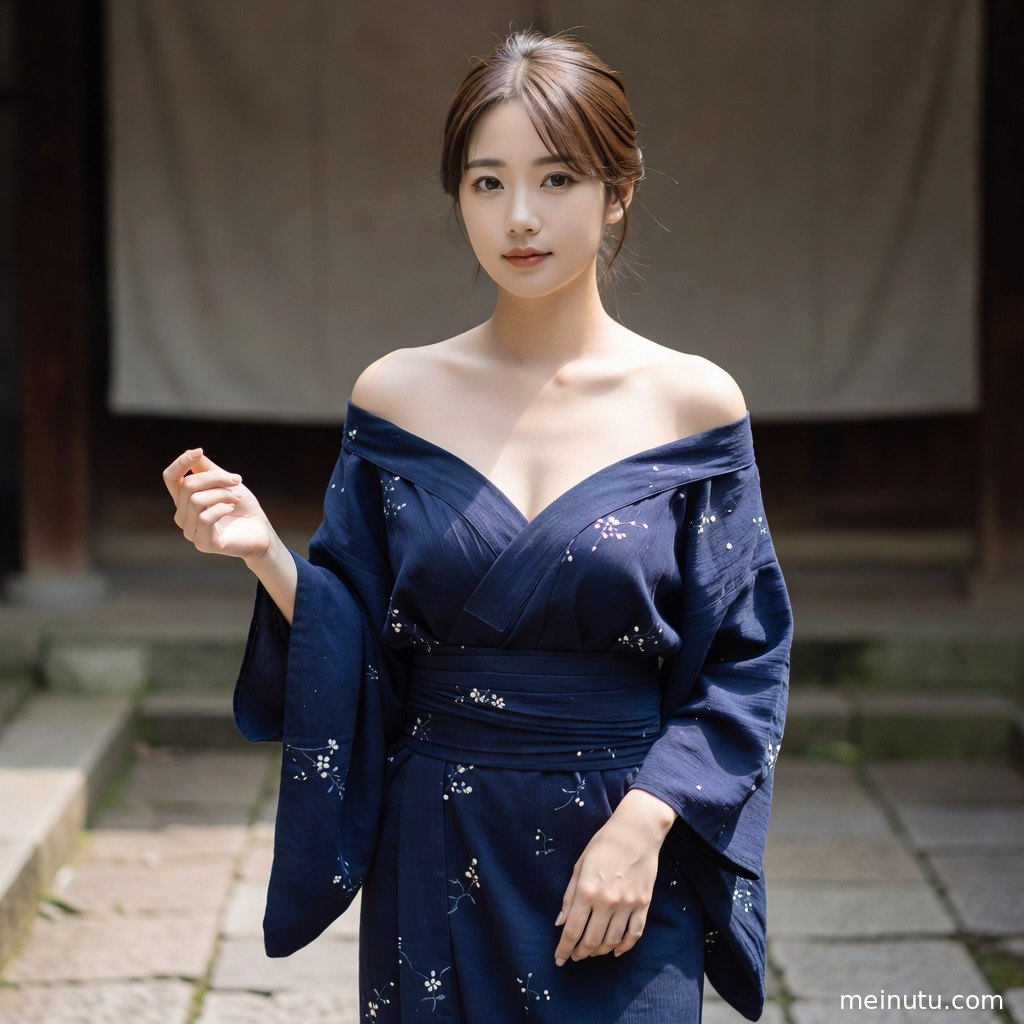 和服模特倚靠木门回眸，突出庭院光影与精致服饰纹理