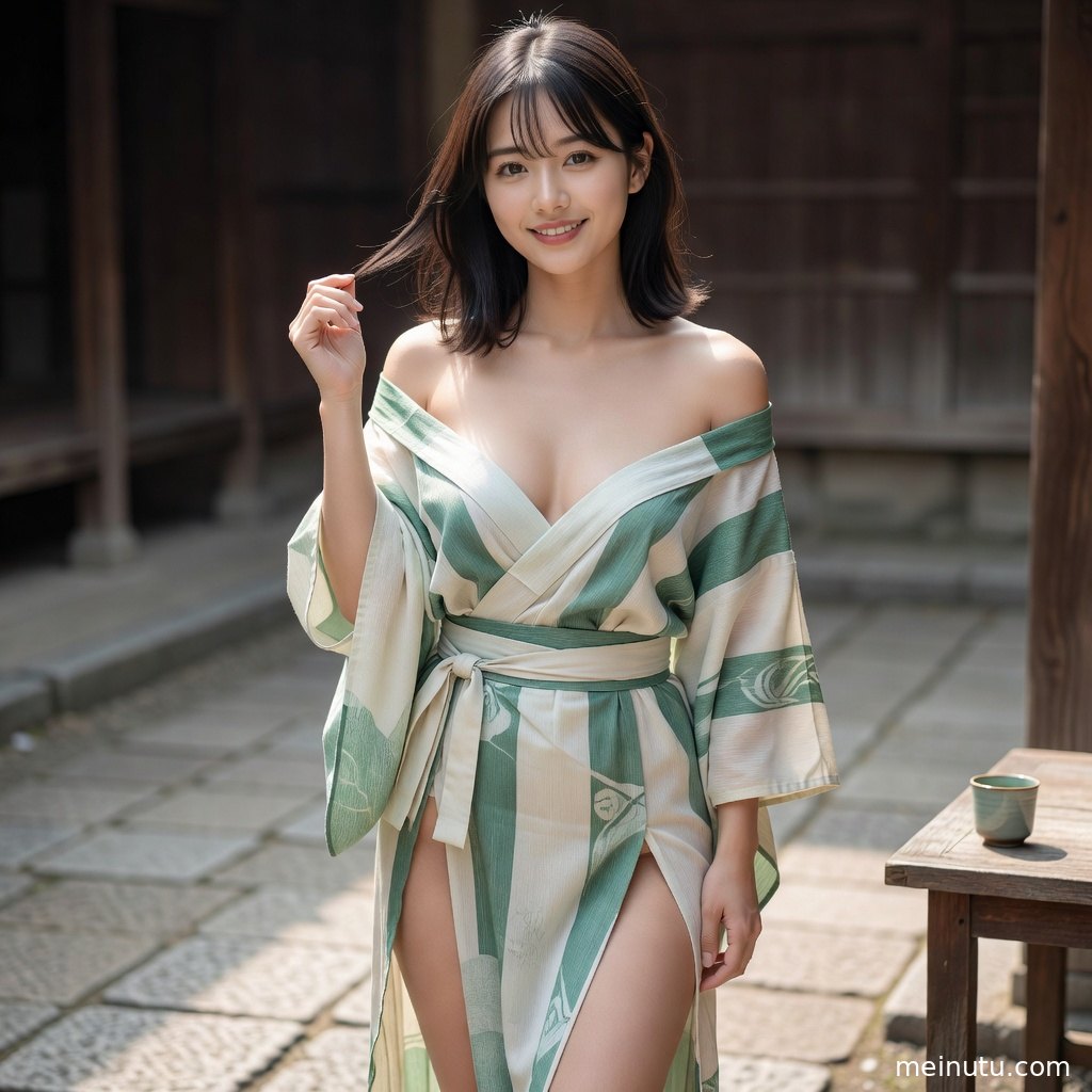 和服美女在庭院花木前回眸，柔和自然光突出发饰与衣纹细节。