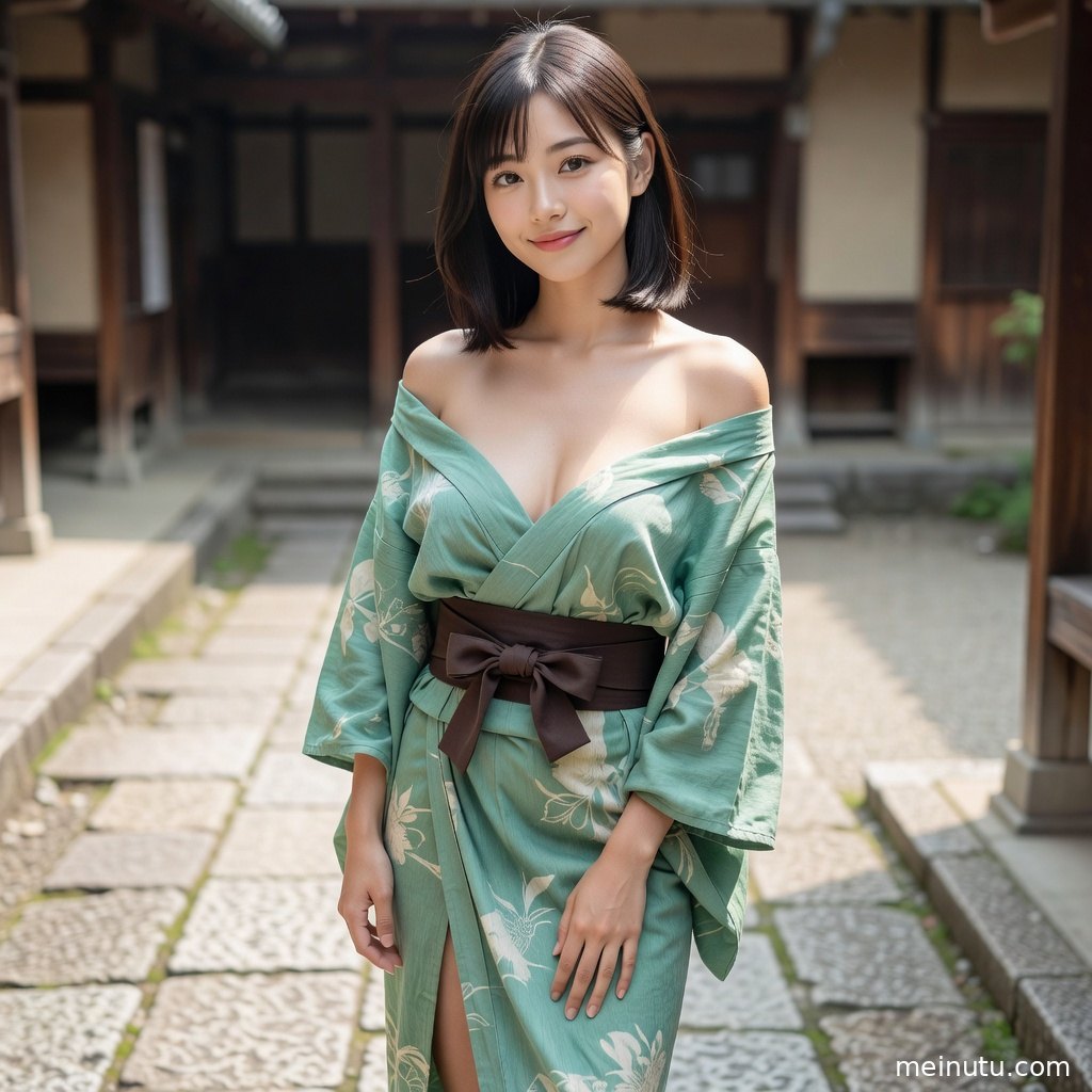 和服模特倚靠庭院木门，石灯笼背景呈现静雅和风写真质感。
