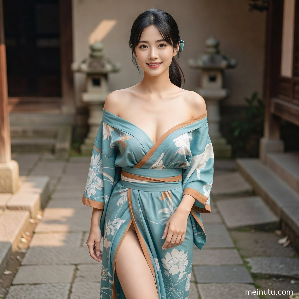 女性身着浅色和服手持纸伞，庭院花枝营造温柔和风氛围。