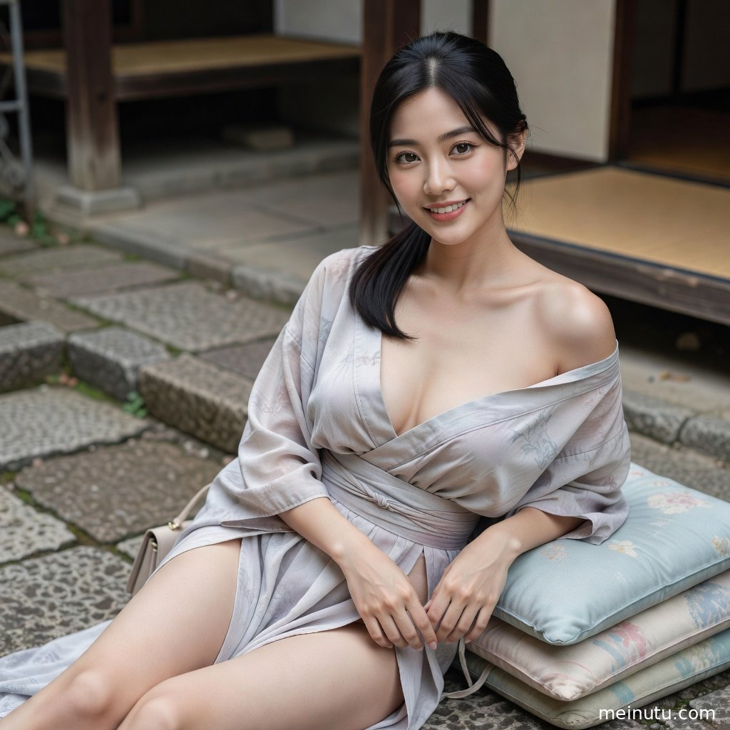 和服美女坐在庭院石阶旁，柔和自然光突出精致妆容与衣纹。