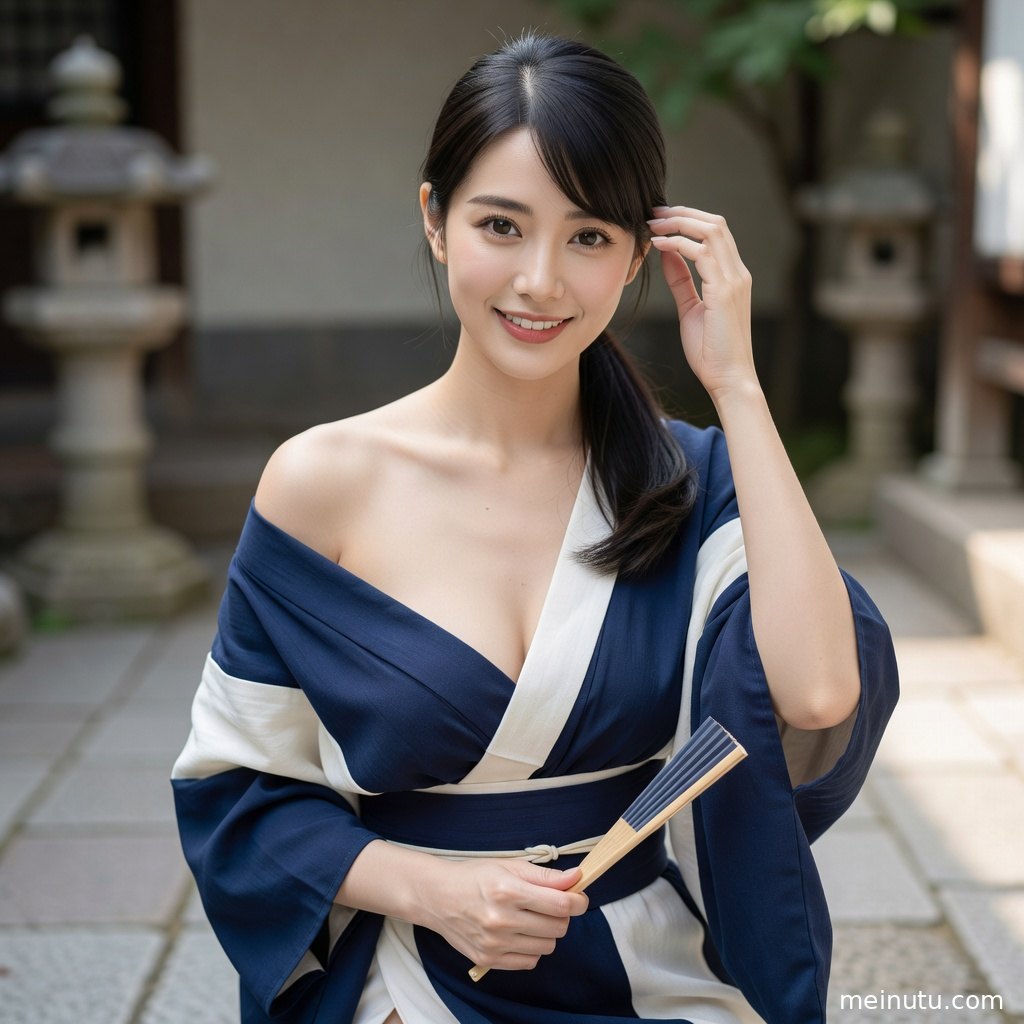 日系和风庭院中，和服人物回眸拍摄出清雅高清写真效果。