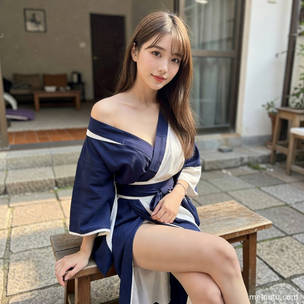 和服模特倚靠庭院栏杆，柔和光线突出和服纹理与温柔气质。