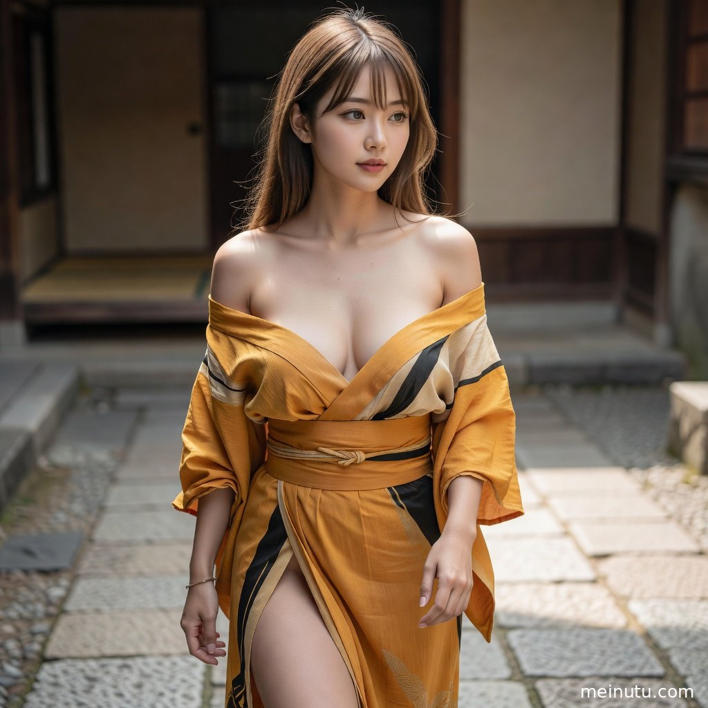 和服美女坐在传统庭院一角，背景融入木门、苔石与清雅景致。