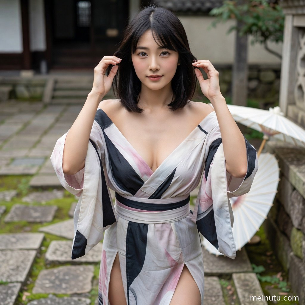 和服人物在石灯笼前回眸，庭院景深呈现安静雅致氛围。