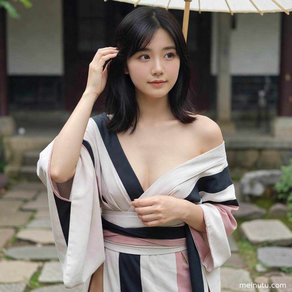 和服模特漫步庭院小径，高清画质展现温柔和风写真感。