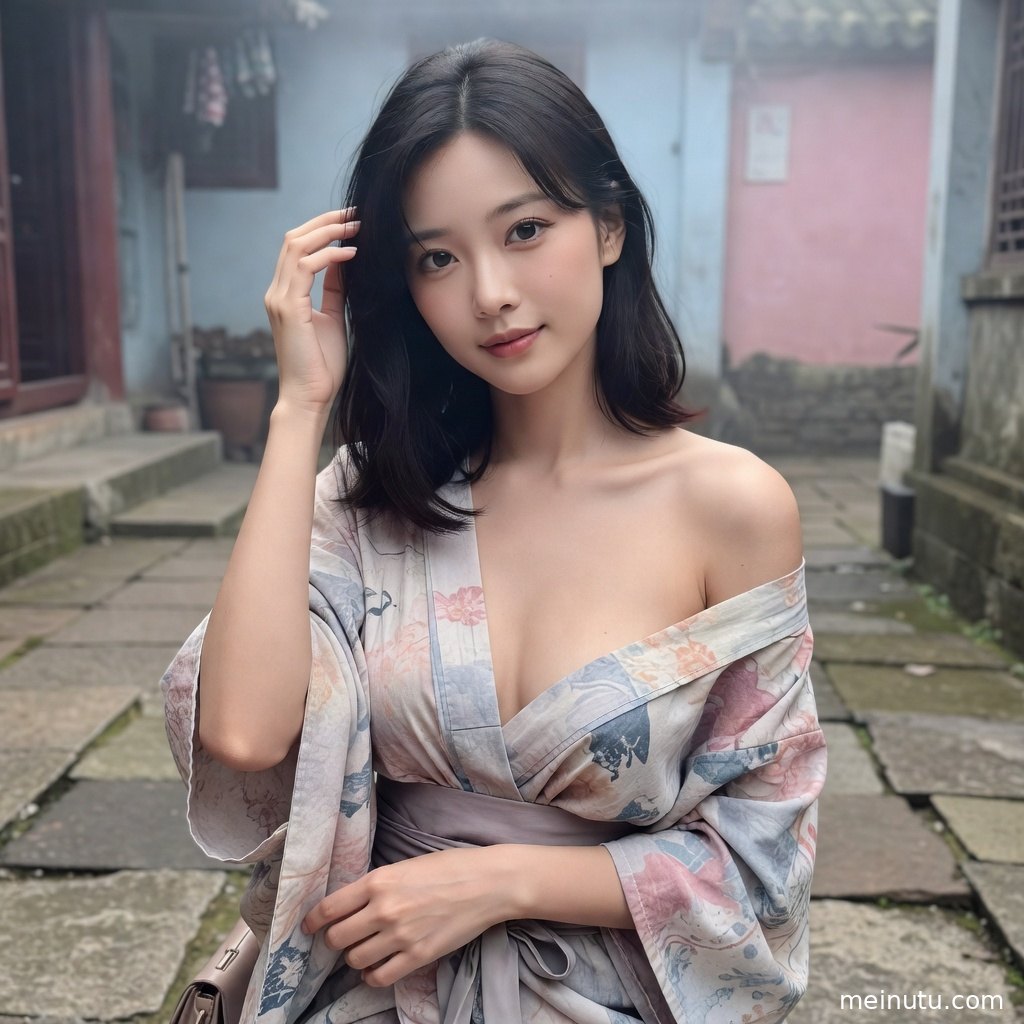 和服女性站在日式庭院石灯笼旁，花影与木质回廊营造清雅和风氛围。