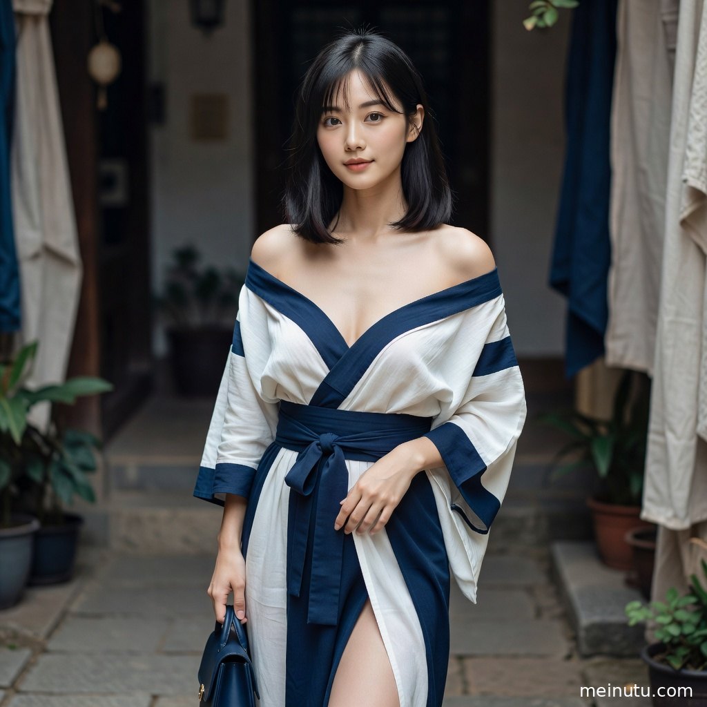 和服人物在绿植与石径之间回眸，呈现温柔雅致的和服庭院写真风格。