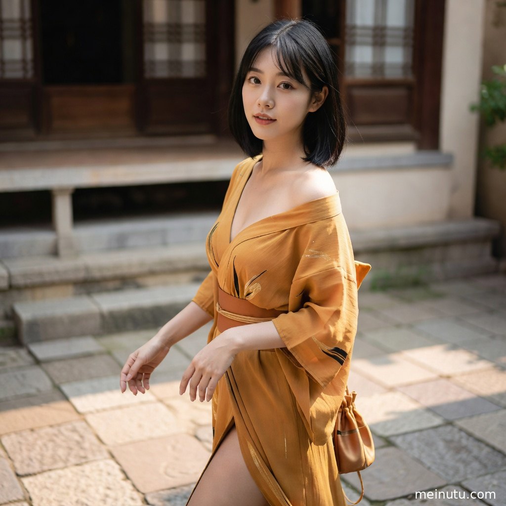 日系和风庭院中的和服美女手持折扇，发饰与衣纹在自然光下格外精致。
