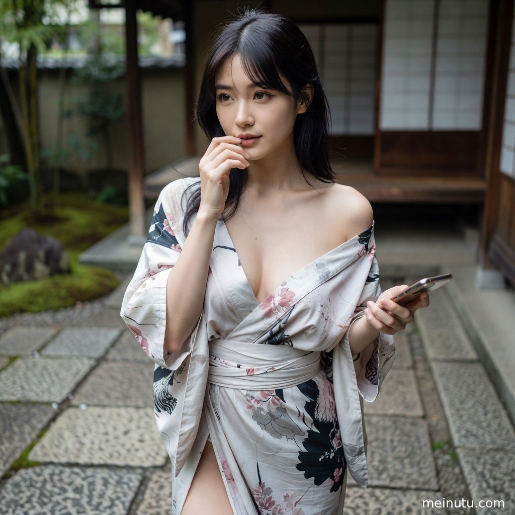 和服模特在竹影庭院中回眸，发饰与衣袖细节清晰可见。