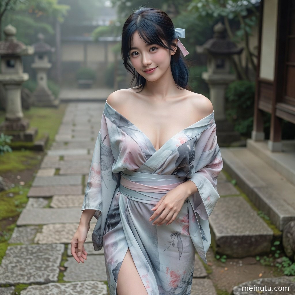 和服庭院全身构图展示传统纹样、木质建筑与自然绿意。