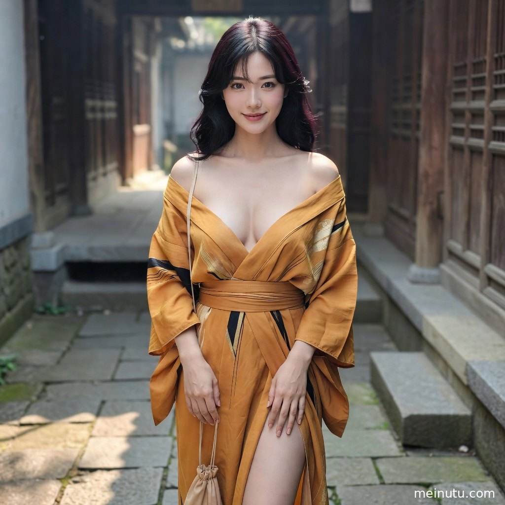 女性模特手持纸伞坐在庭院台阶边，和服纹样与柔光细节清晰。