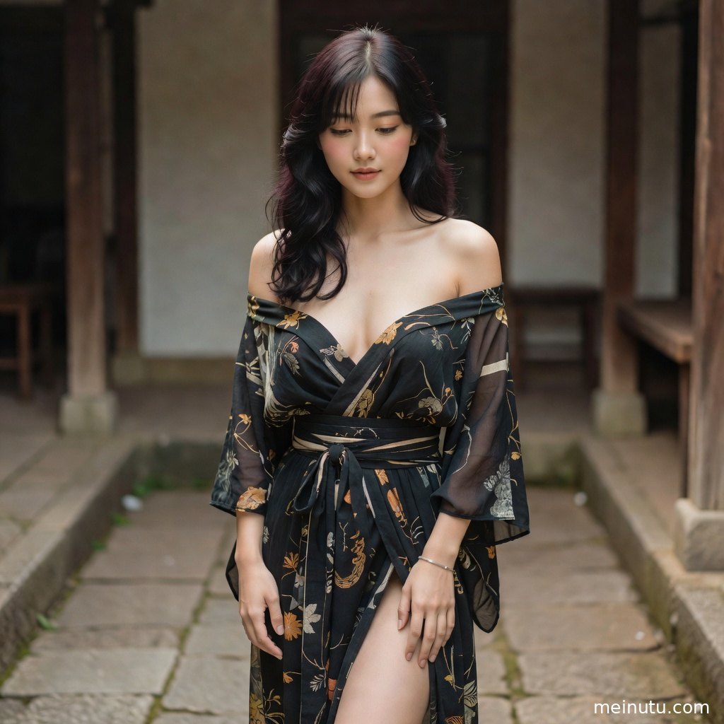 日式庭院中的和服写真画面，女性模特倚靠木格门展现温柔气质。