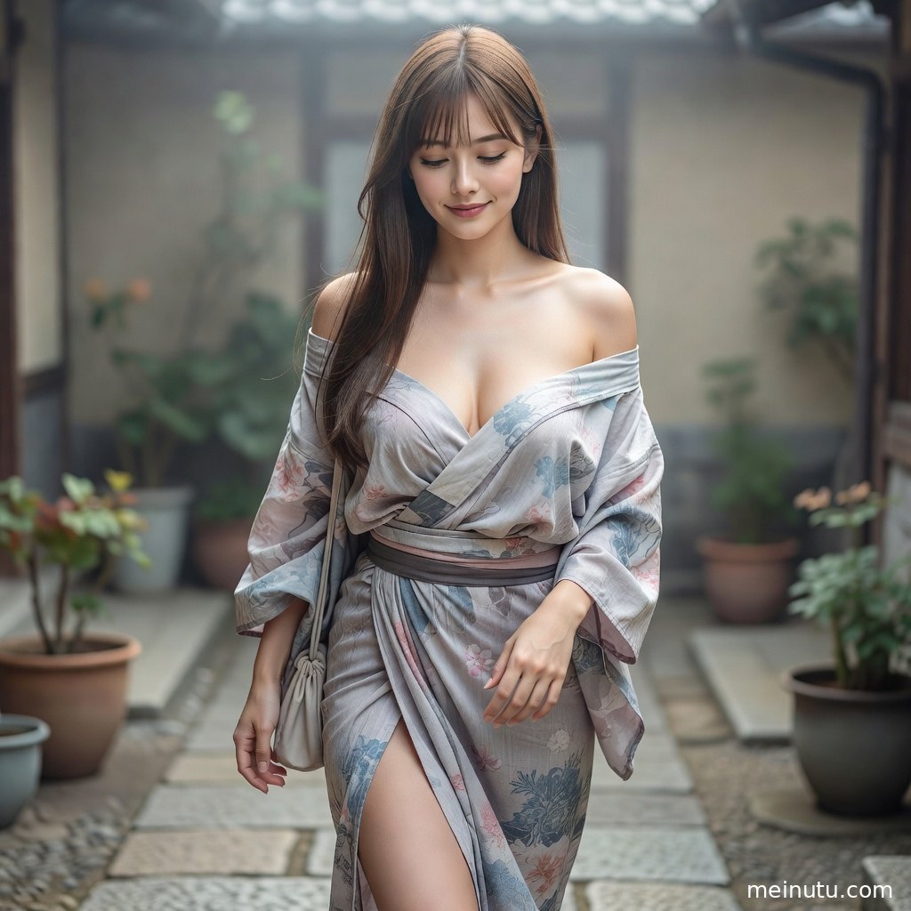 和服人物漫步在庭院小径上，木质建筑与自然景色衬托日系和风。