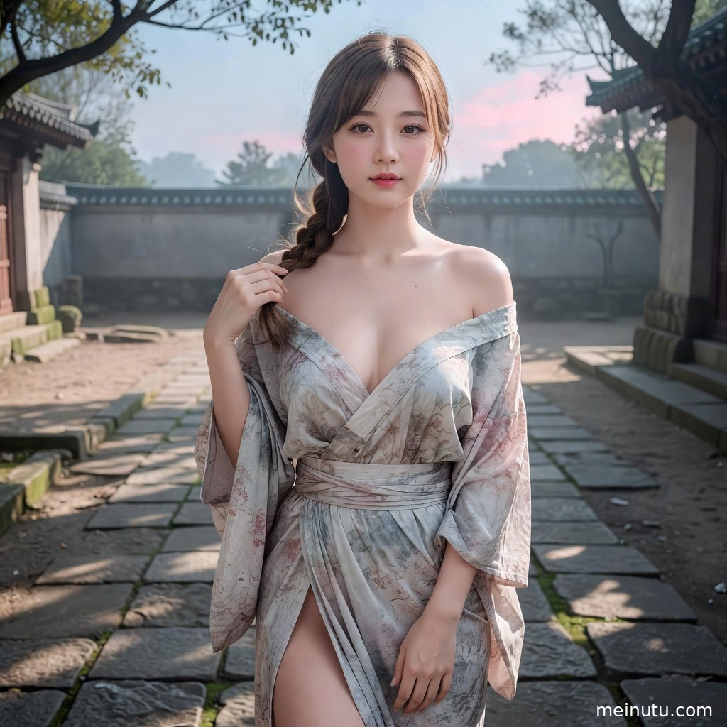 和服人物在庭院树影下回眸，展现温柔日系和风质感。