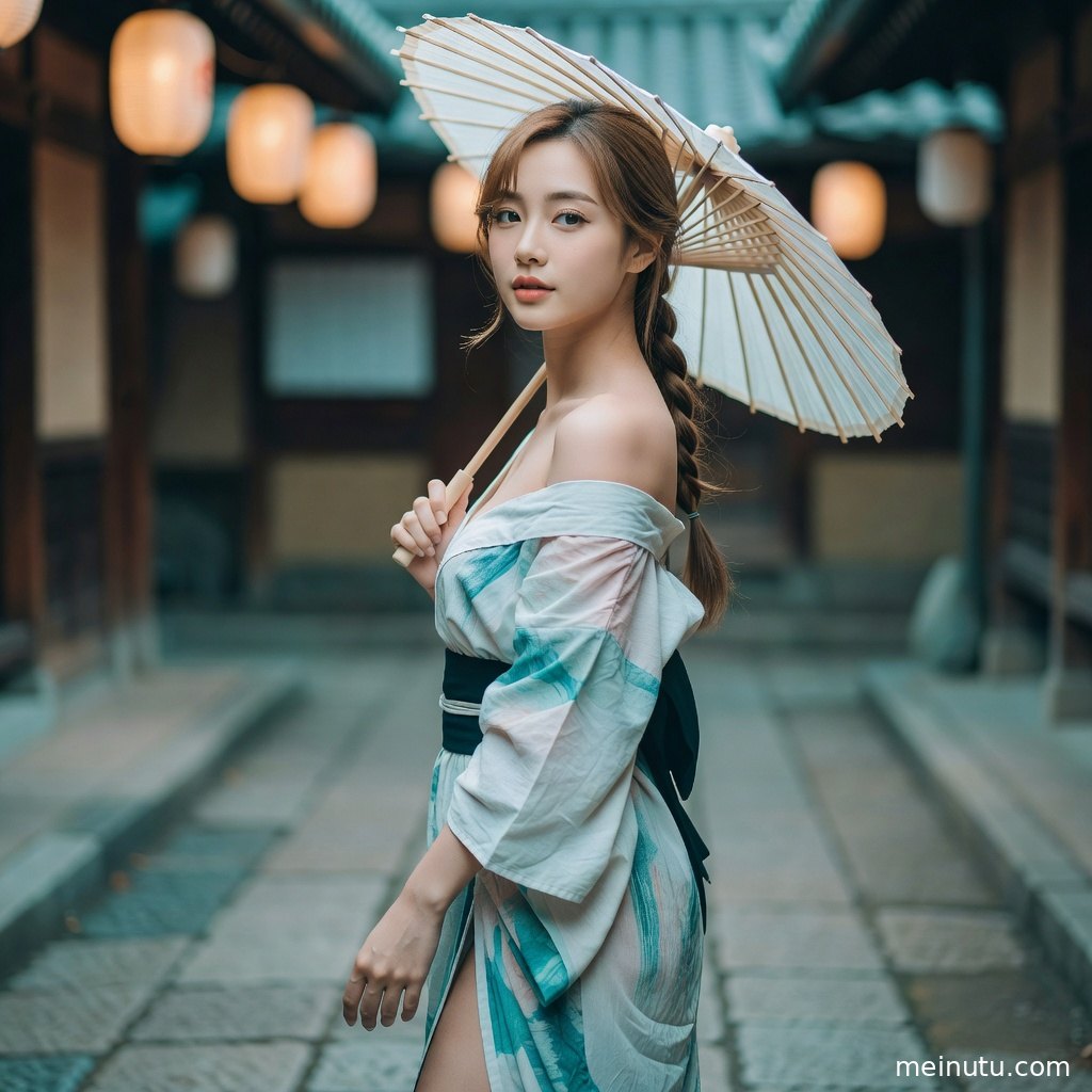 和服女子行走在石板路上，高清画面突出庭院层次与服饰纹理。