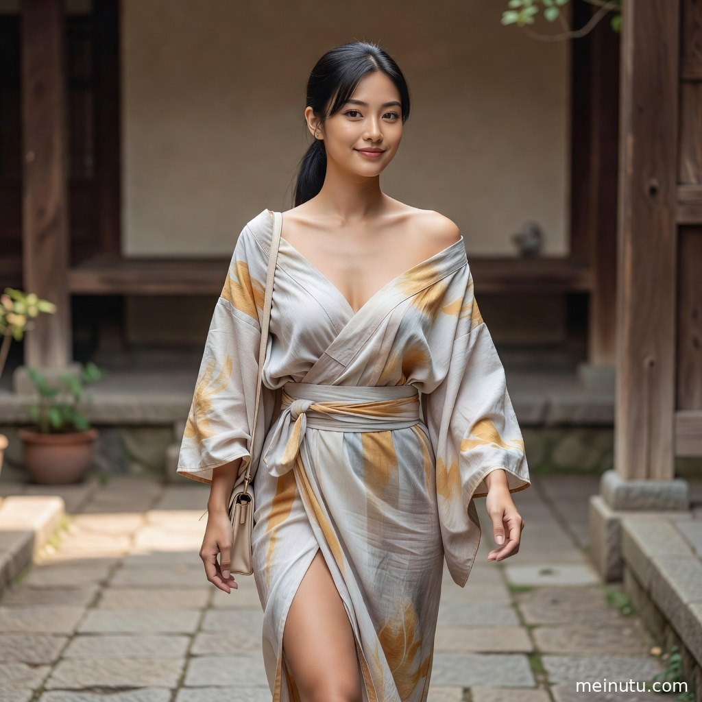 和服美女手扶花枝回眸，庭院背景呈现柔和暖色光影。