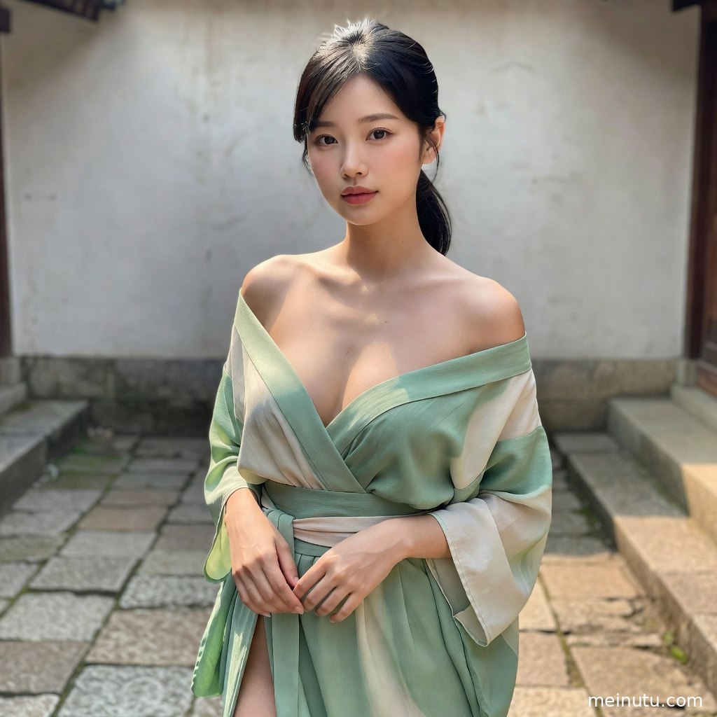庭院石径上的和服写真画面，布料纹理与发饰细节清晰。