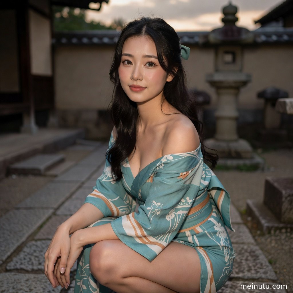 Kimono photoshoot in a quiet courtyard with greenery, tatami texture, and soft diffused daylight.