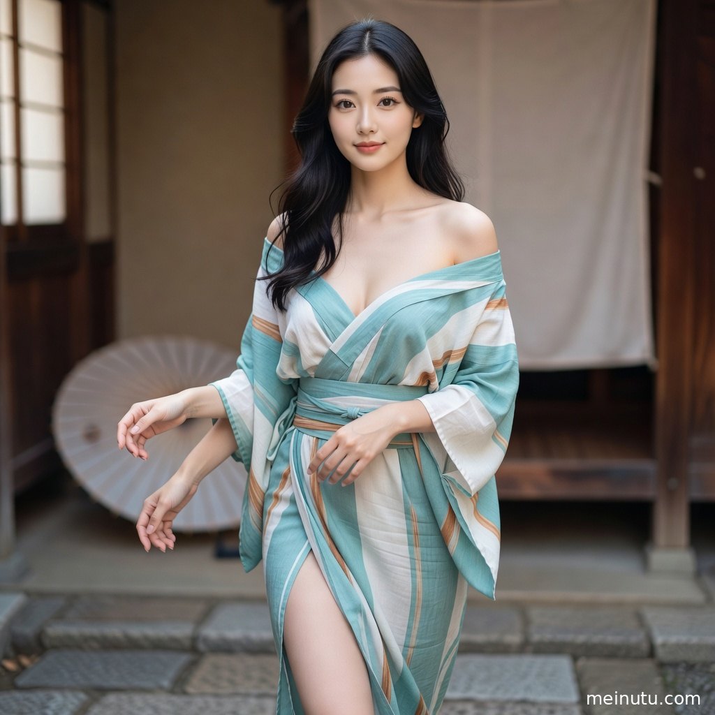 Elegant asian women photos style portrait showing kimono fabric details in a calm wafu interior.