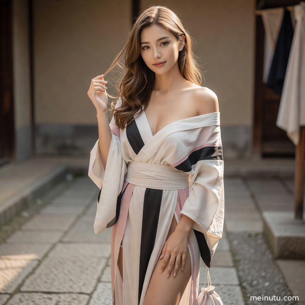 和服模特立于石径与绿植之间，俯拍视角呈现日系和风庭院氛围。