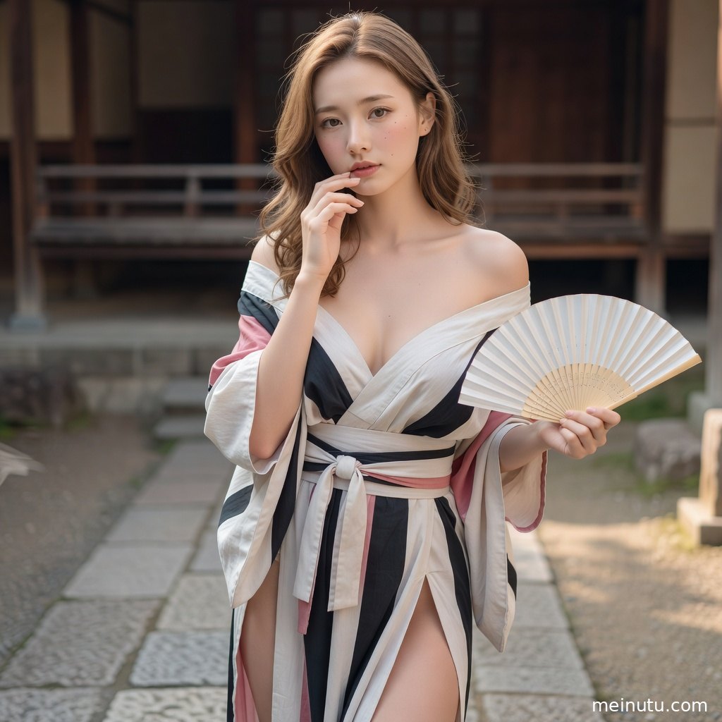庭院暖光洒在和服纹理上，画面展现安静优雅的和服写真质感。