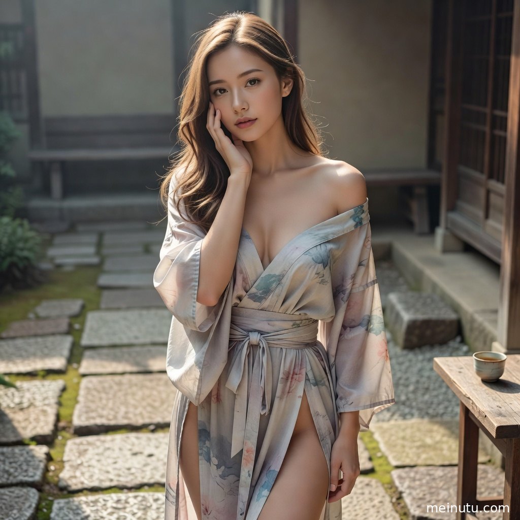 和服女性倚靠木质廊柱，暖色侧光与庭院背景营造高清壁纸感。