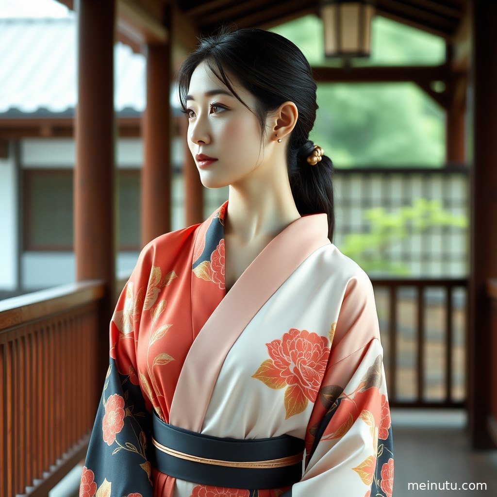 An adult asian woman wearing a traditional yukata poses gracefully in soft morning light.