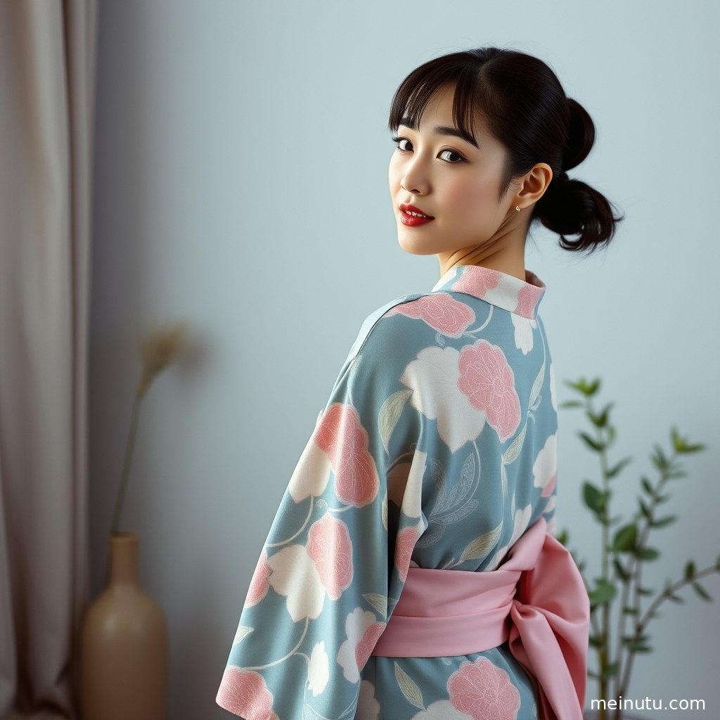 A close portrait of an adult asian woman in a yukata, with a clear gaze and classic Japanese kimono beauty styling.
