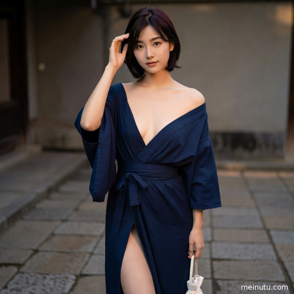 Warm spring portrait of an adult woman in kimono with petals and refined wafu styling.
