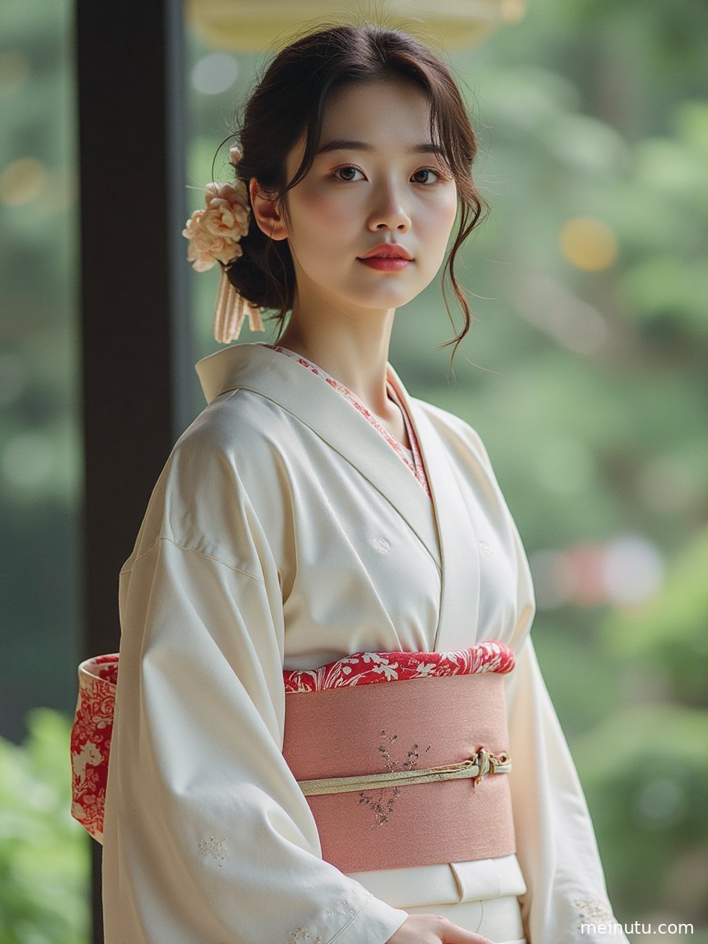 Adult Asian woman in an ornate kimono looking back under warm side light with a classic elegant mood.