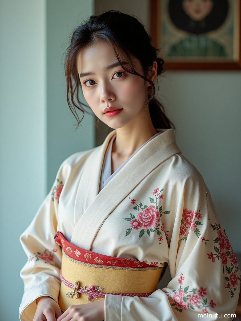 Full-body street portrait of an adult woman showing detailed kimono patterns against a Japanese-inspired urban backdrop.