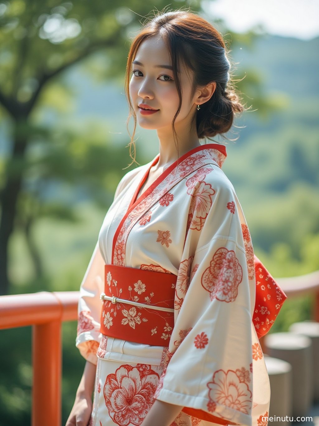 Warm side lighting outlines an adult Asian model in a kimono, creating a calm and graceful portrait wallpaper look.