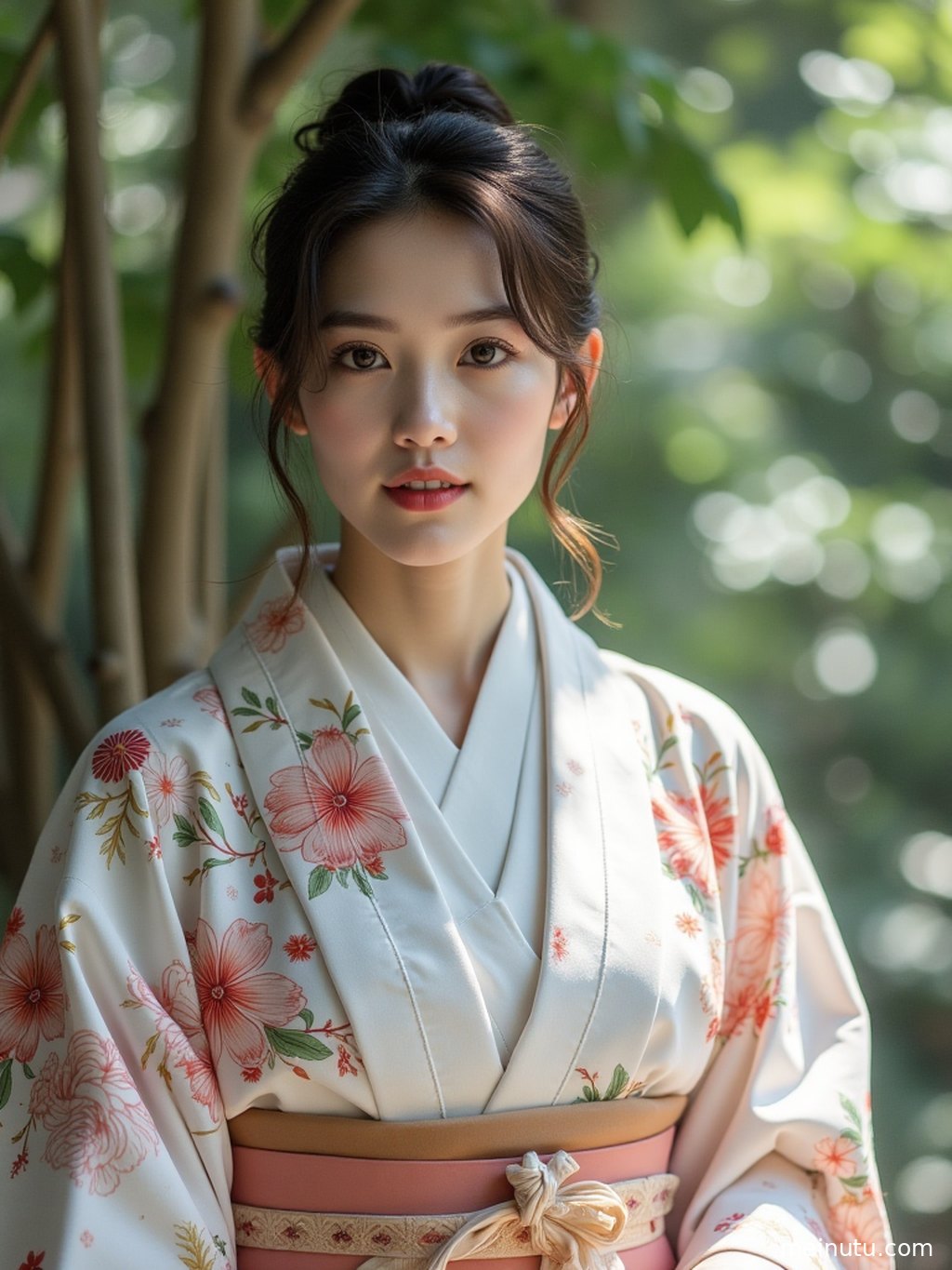 Adult woman walking through the street in a flowing kimono, captured in a poetic warm-toned street photography scene.