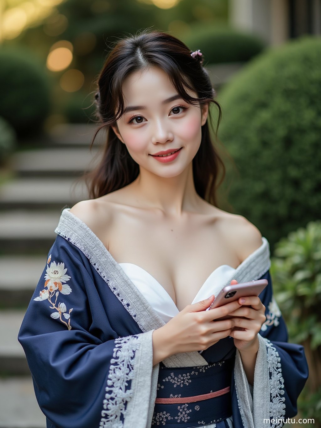 Adult Asian woman wearing an elegant anime-inspired Japanese kimono, standing in a vintage corridor with bright, clear lighting.